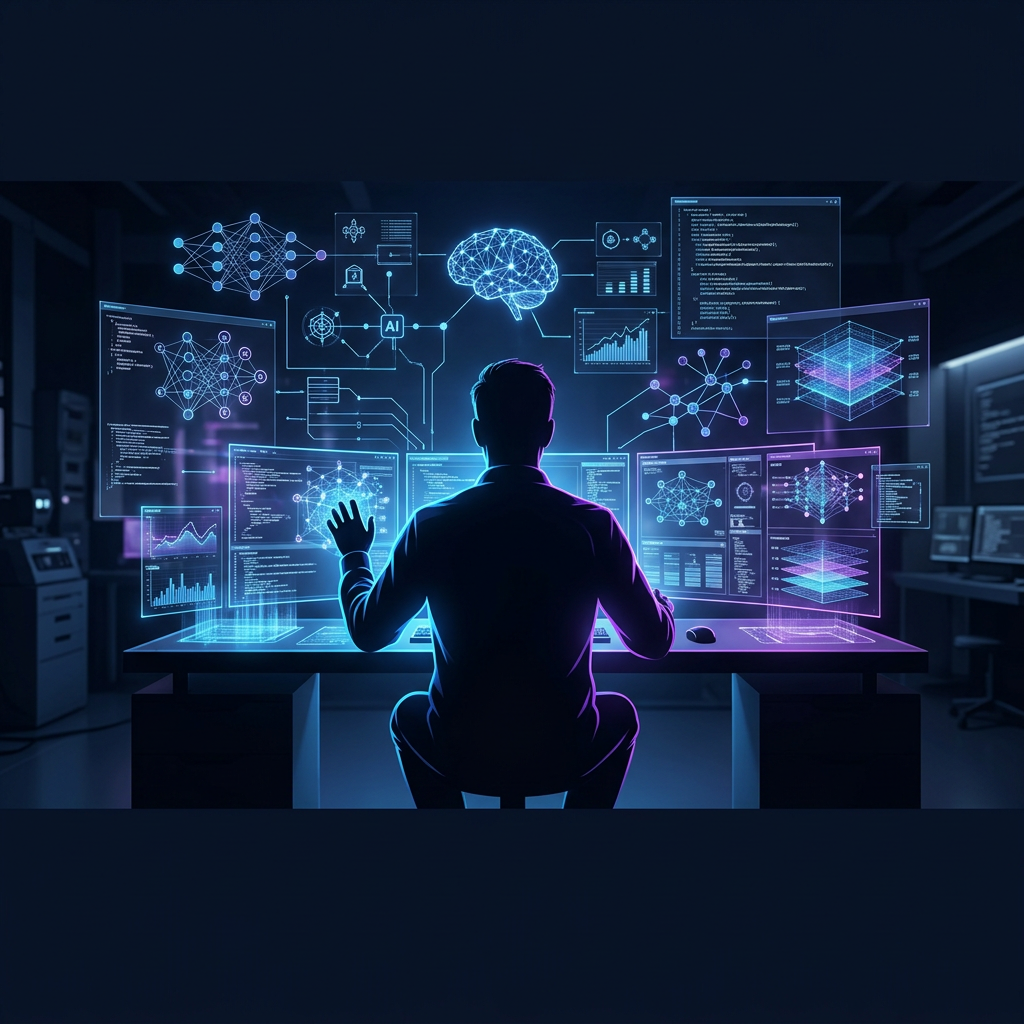 Profissional trabalhando com interfaces de IA e redes neurais